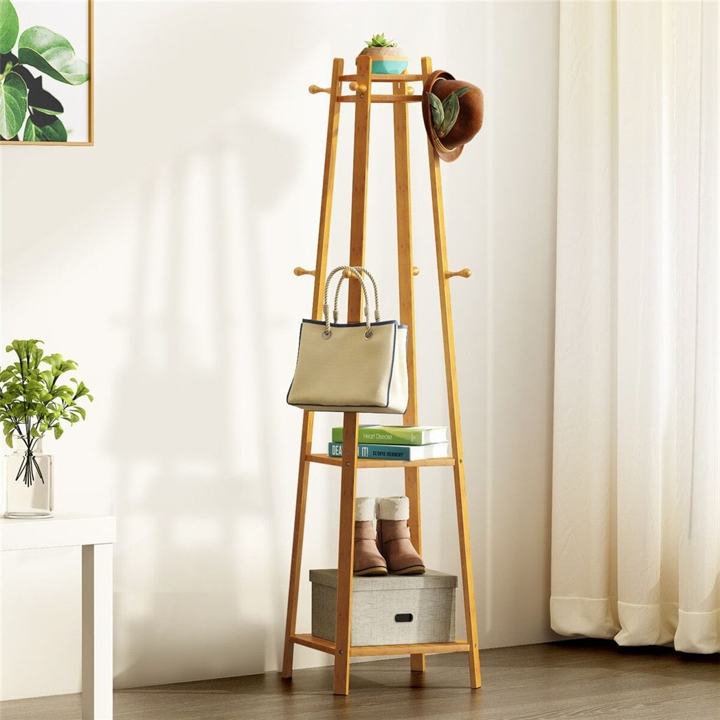 Bamboo Coat Hat Rack Free Clothes stand Standing with 3 Shelves 8 Hooks