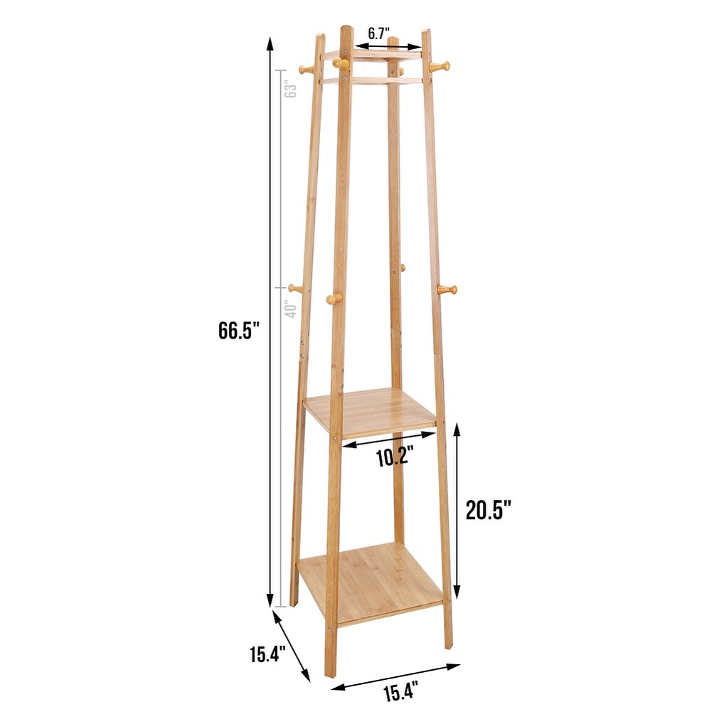 Bamboo Coat Hat Rack Free Clothes stand Standing with 3 Shelves 8 Hooks