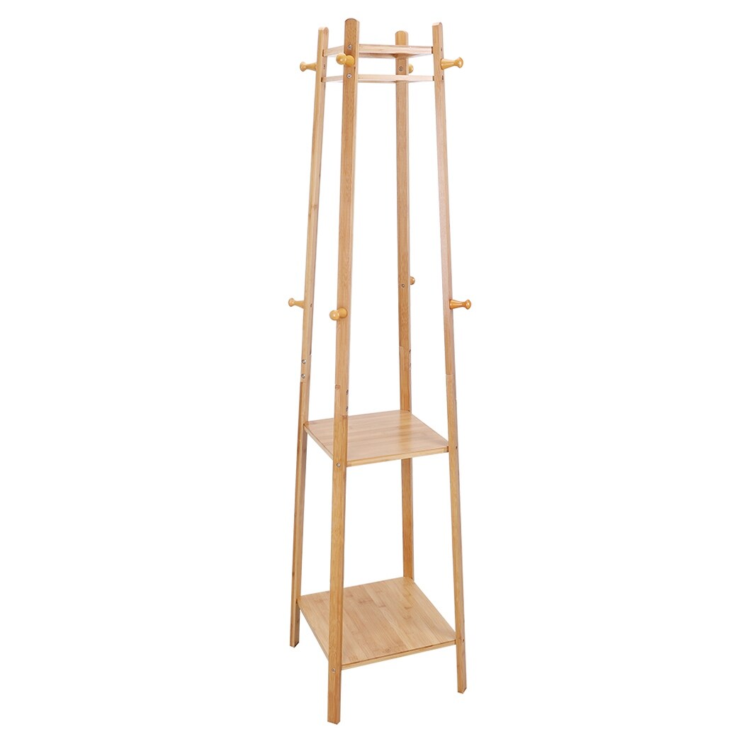 Bamboo Coat Hat Rack Free Clothes stand Standing with 3 Shelves 8 Hooks