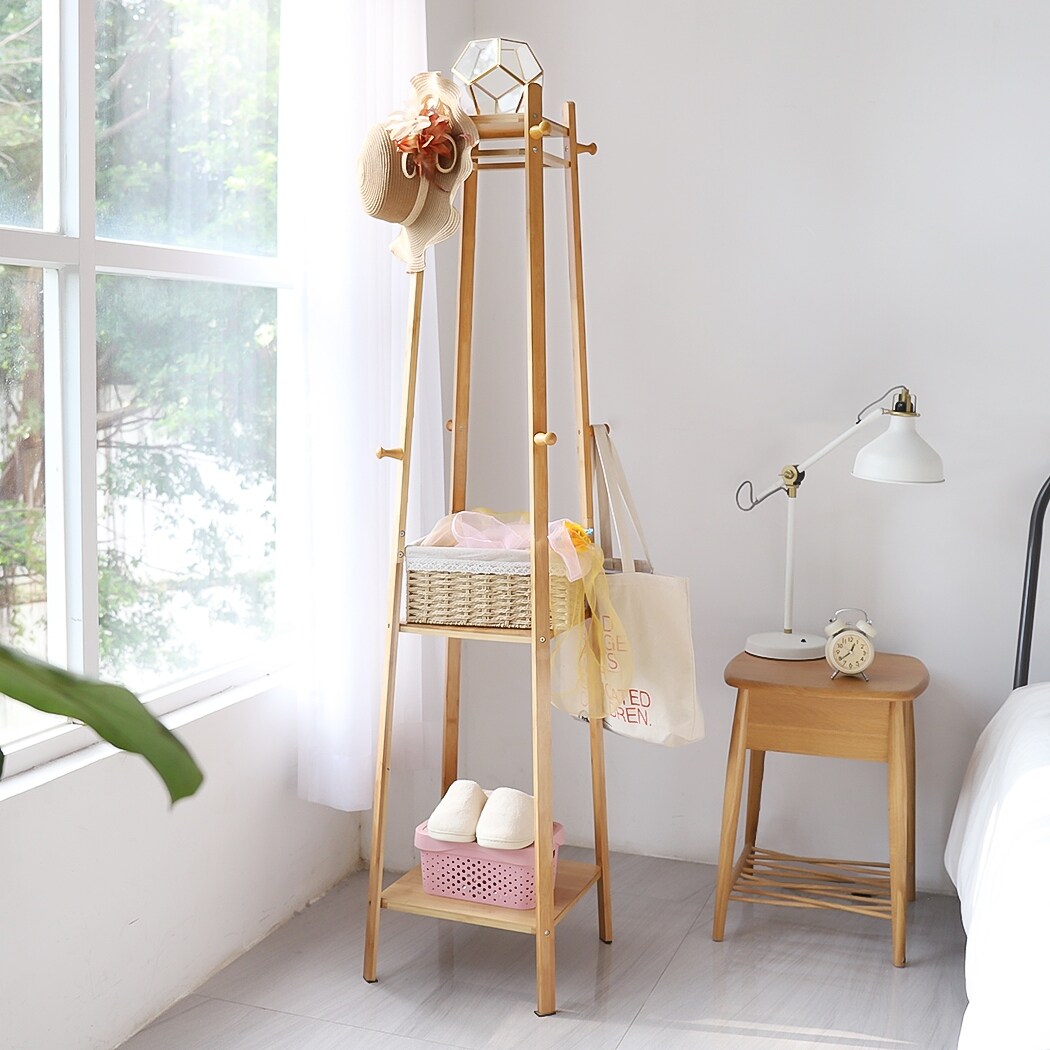 Bamboo Coat Hat Rack Free Clothes stand Standing with 3 Shelves 8 Hooks