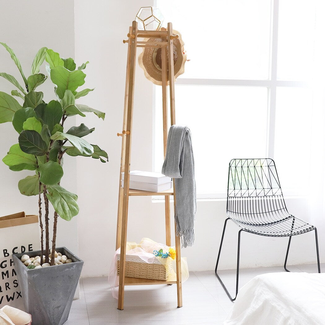 Bamboo Coat Hat Rack Free Clothes stand Standing with 3 Shelves 8 Hooks