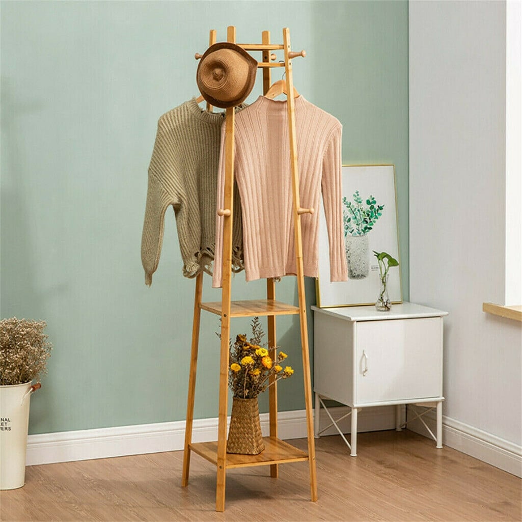 Bamboo Coat Hat Rack Free Clothes stand Standing with 3 Shelves 8 Hooks