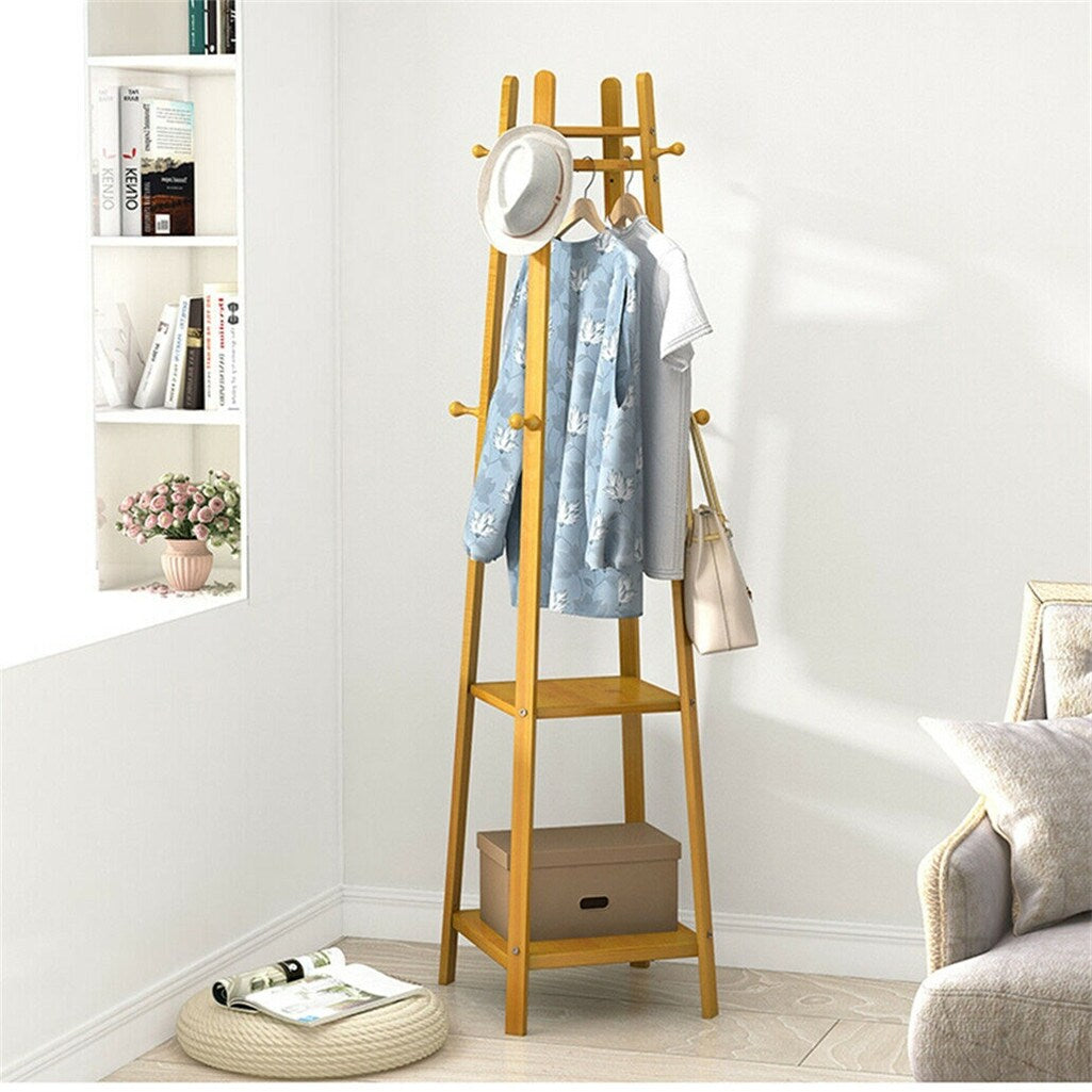 Bamboo Coat Hat Rack Free Clothes stand Standing with 3 Shelves 8 Hooks