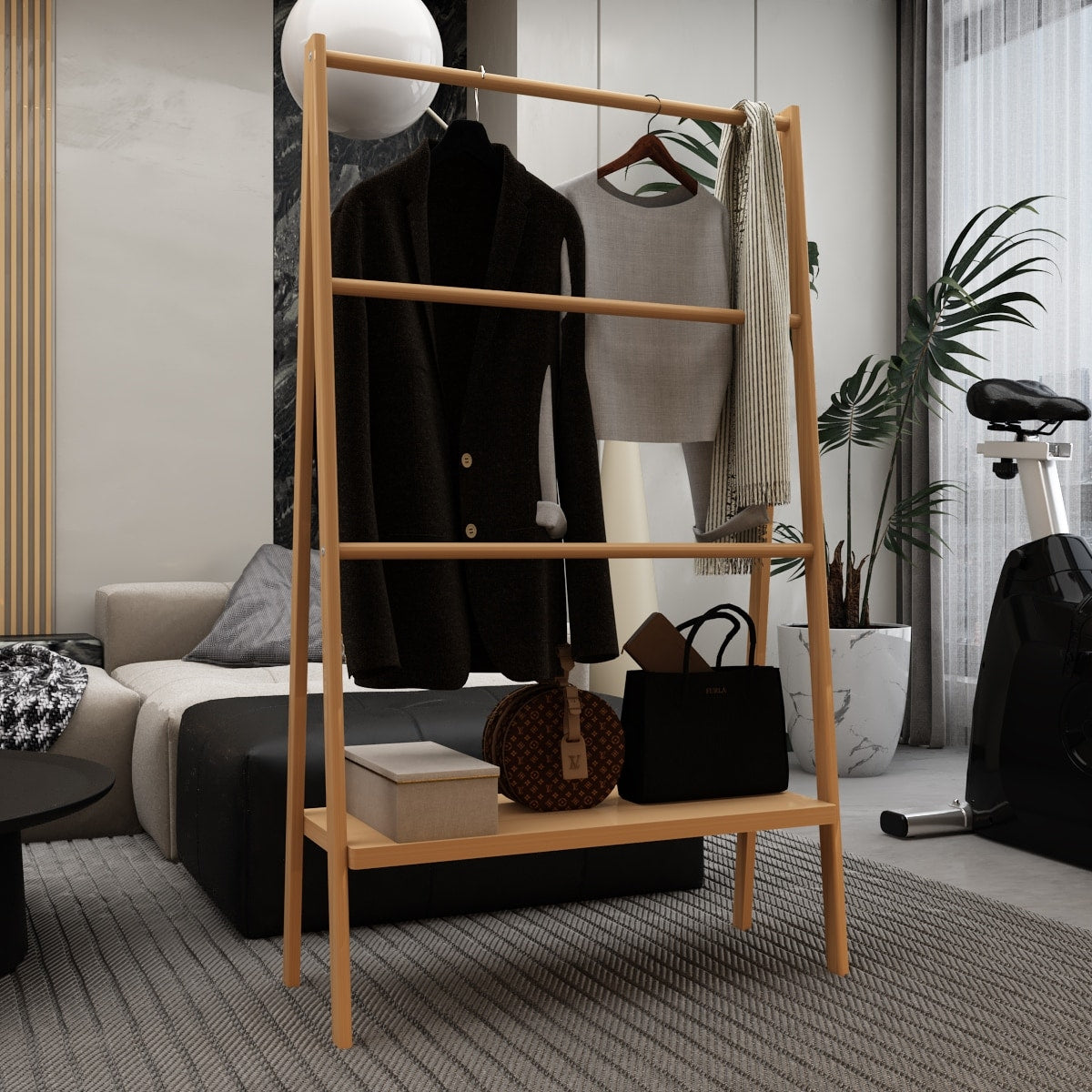 Bamboo Ladder Towel Rack with Storage Shelf - Natural