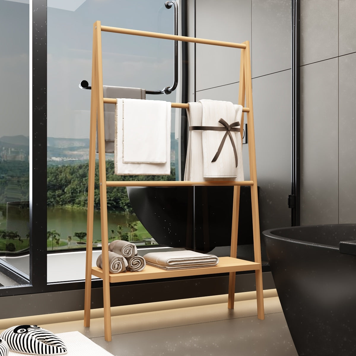 Bamboo Ladder Towel Rack with Storage Shelf - Natural