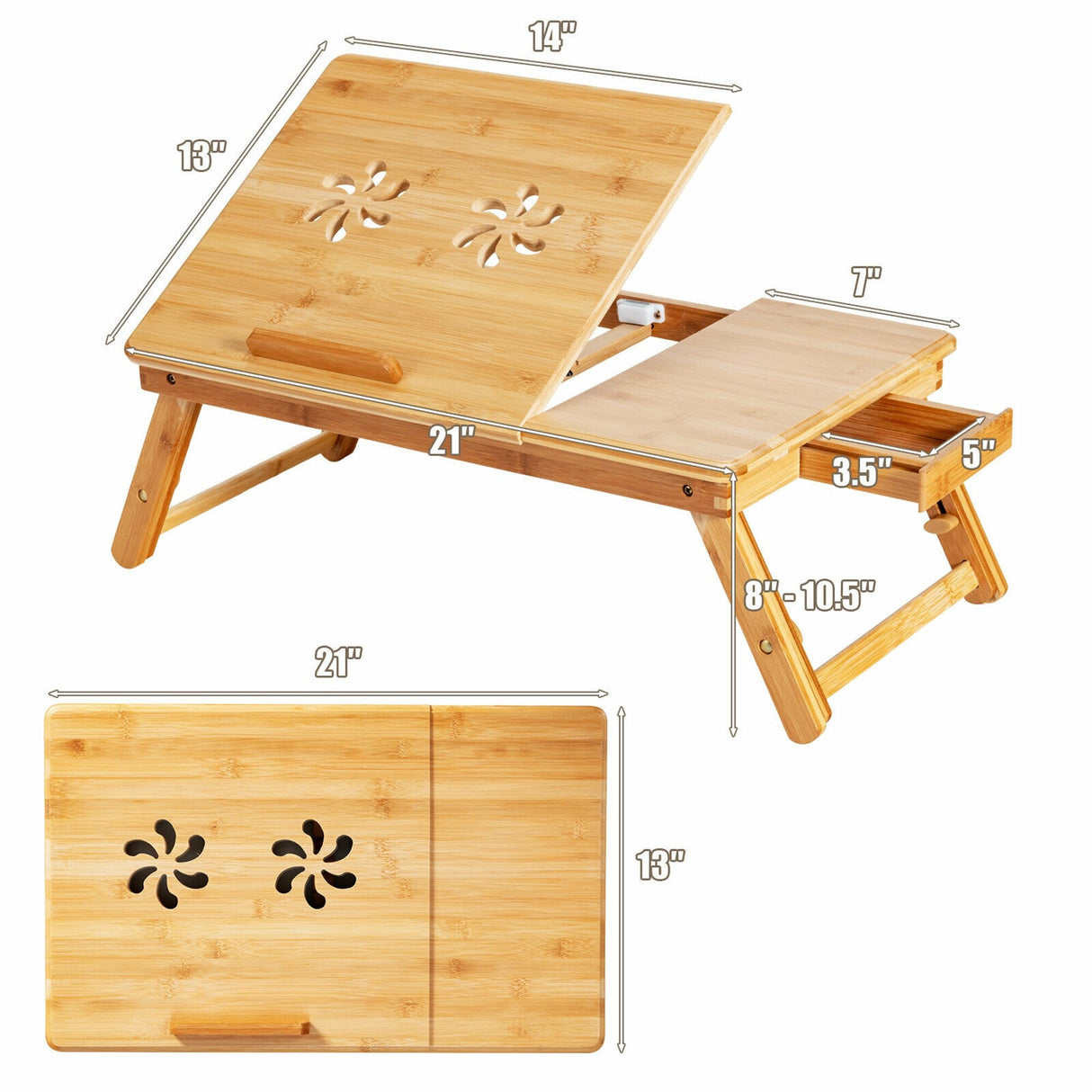Bamboo Laptop Desk Adjustable Folding Bed Tray w/Drawer