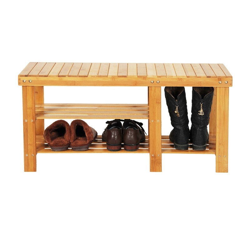 Bamboo Shoe Rack Bench 3-Tier Entryway Storage Organizer Shelf with Seat for Boots