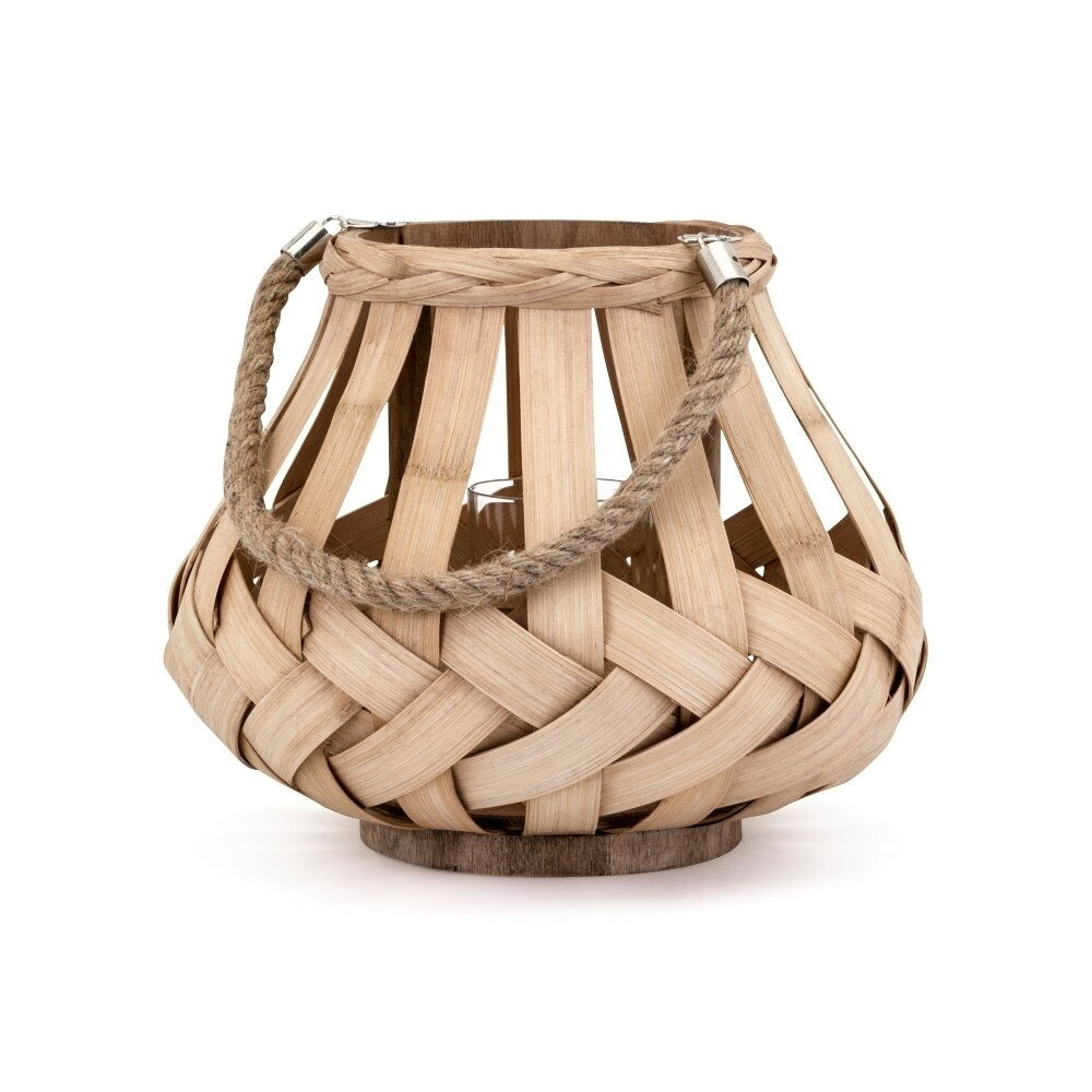 Bamboo Small Lantern With Hemp Rope Handle and Candle Pillar, Brown and Silver