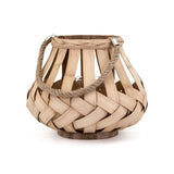 Bamboo Small Lantern With Hemp Rope Handle and Candle Pillar, Brown and Silver