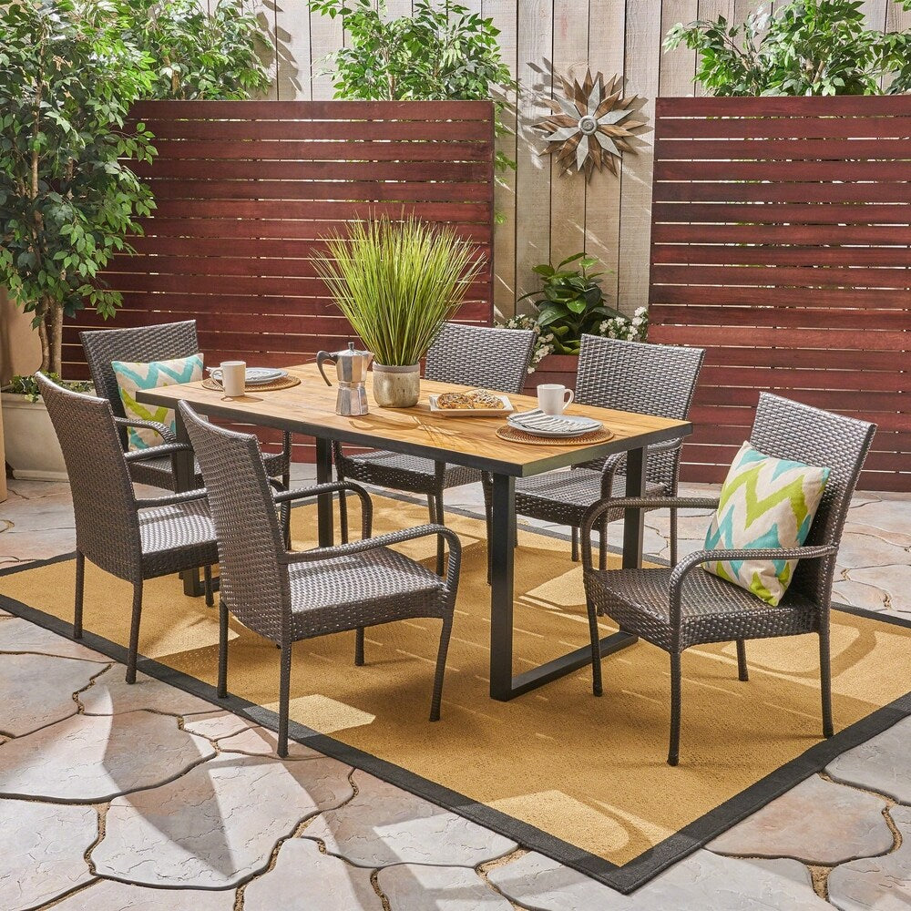 Banner Outdoor 6-Seater Rectangular Acacia Wood and Wicker Dining Set by Christopher Knight Home