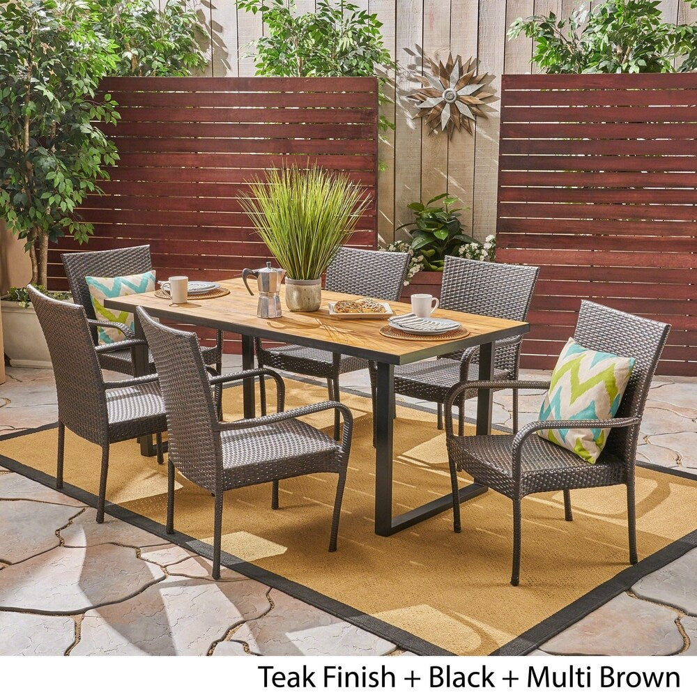 Banner Outdoor 6-Seater Rectangular Acacia Wood and Wicker Dining Set by Christopher Knight Home