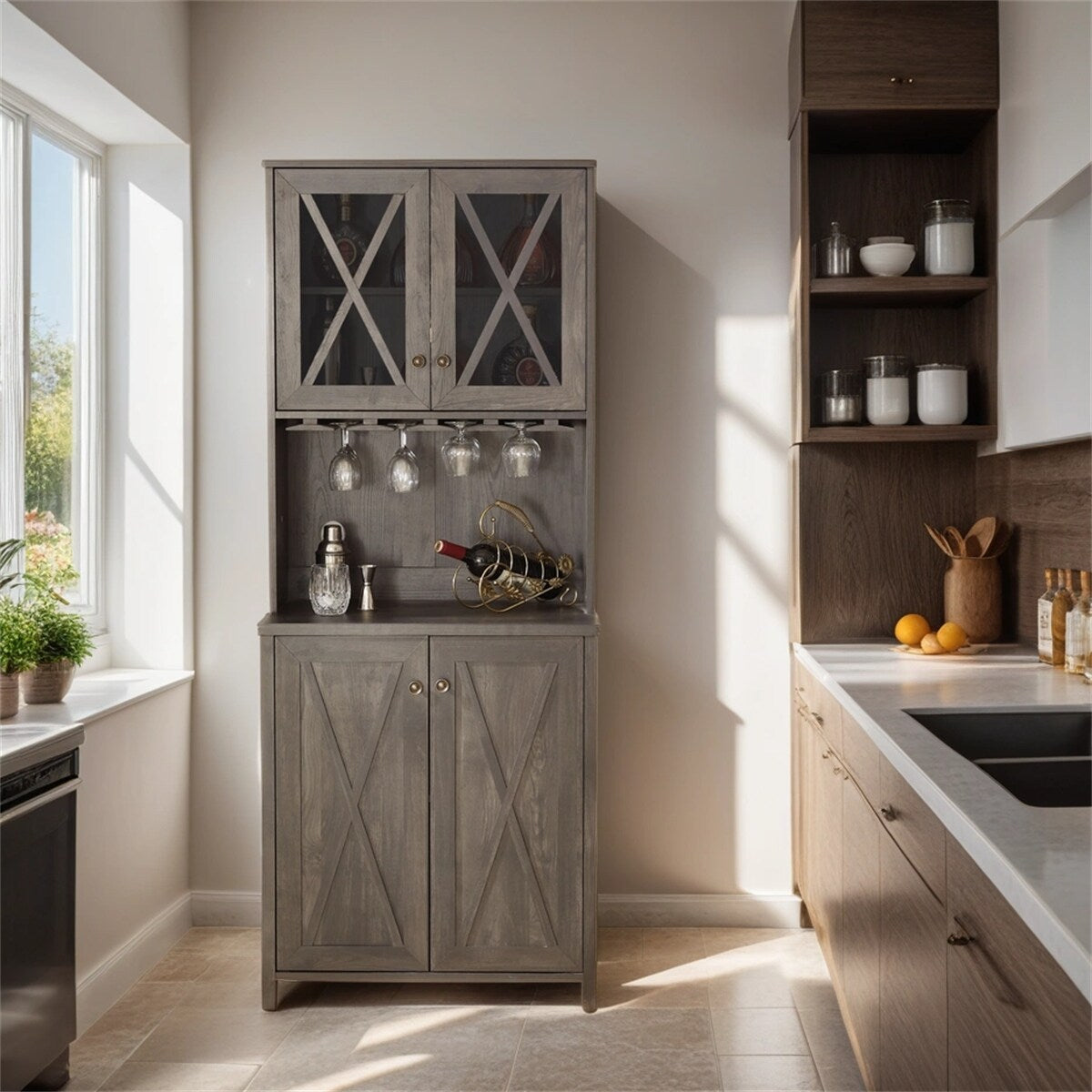 Bar Cabinet for Liquor and Glasses,Kitchen Cabinet with Wine Rack