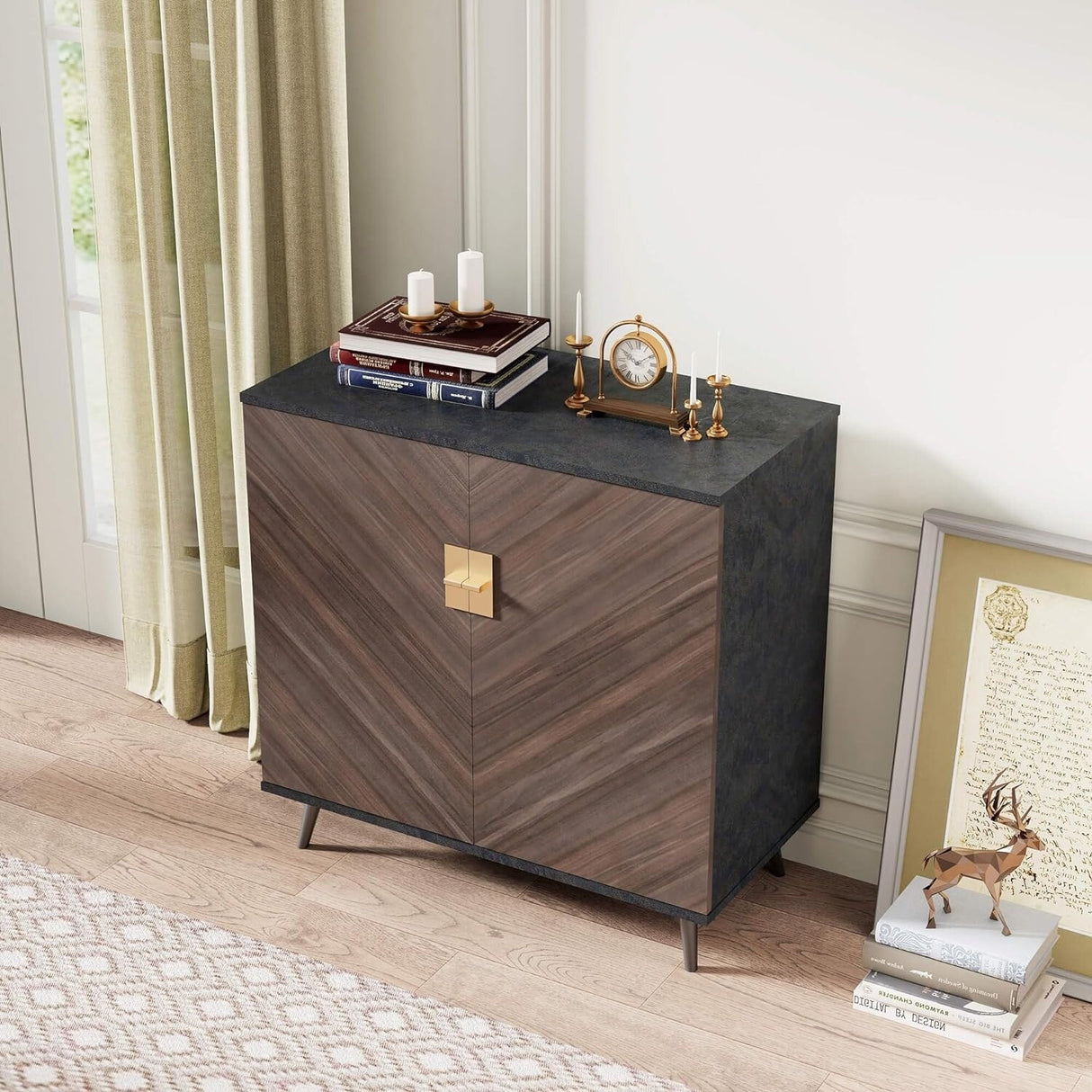 Wooden Bar Cabinet with Doors & Shelves for Hallway Entryway - M