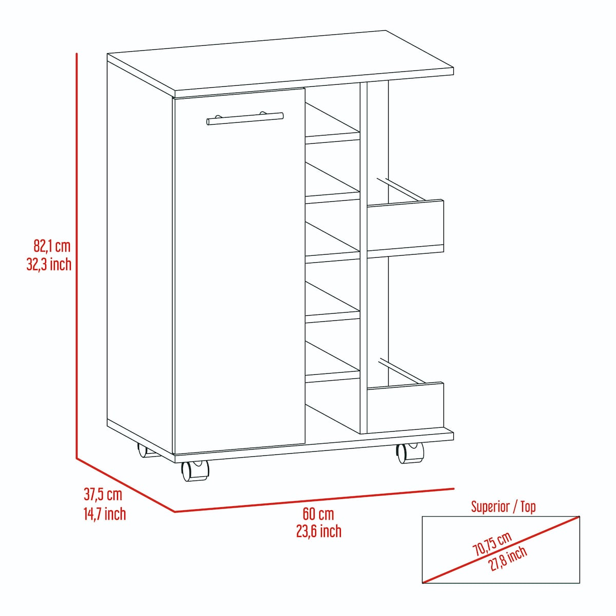 Bar Cart With Six Built-in Wine Rack
