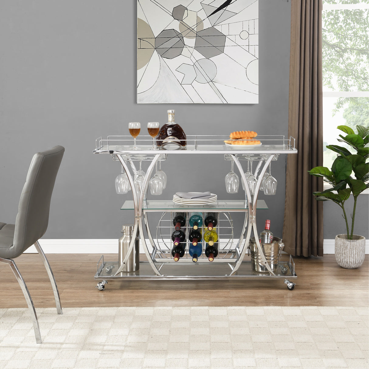 Bar Cart with Wine Rack Tempered Glass Metal Frame Wine Storage