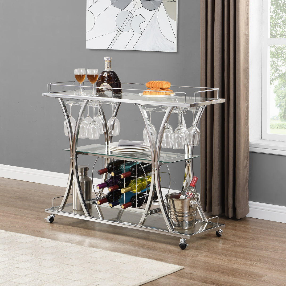 Bar Cart with Wine Rack Tempered Glass Metal Frame Wine Storage