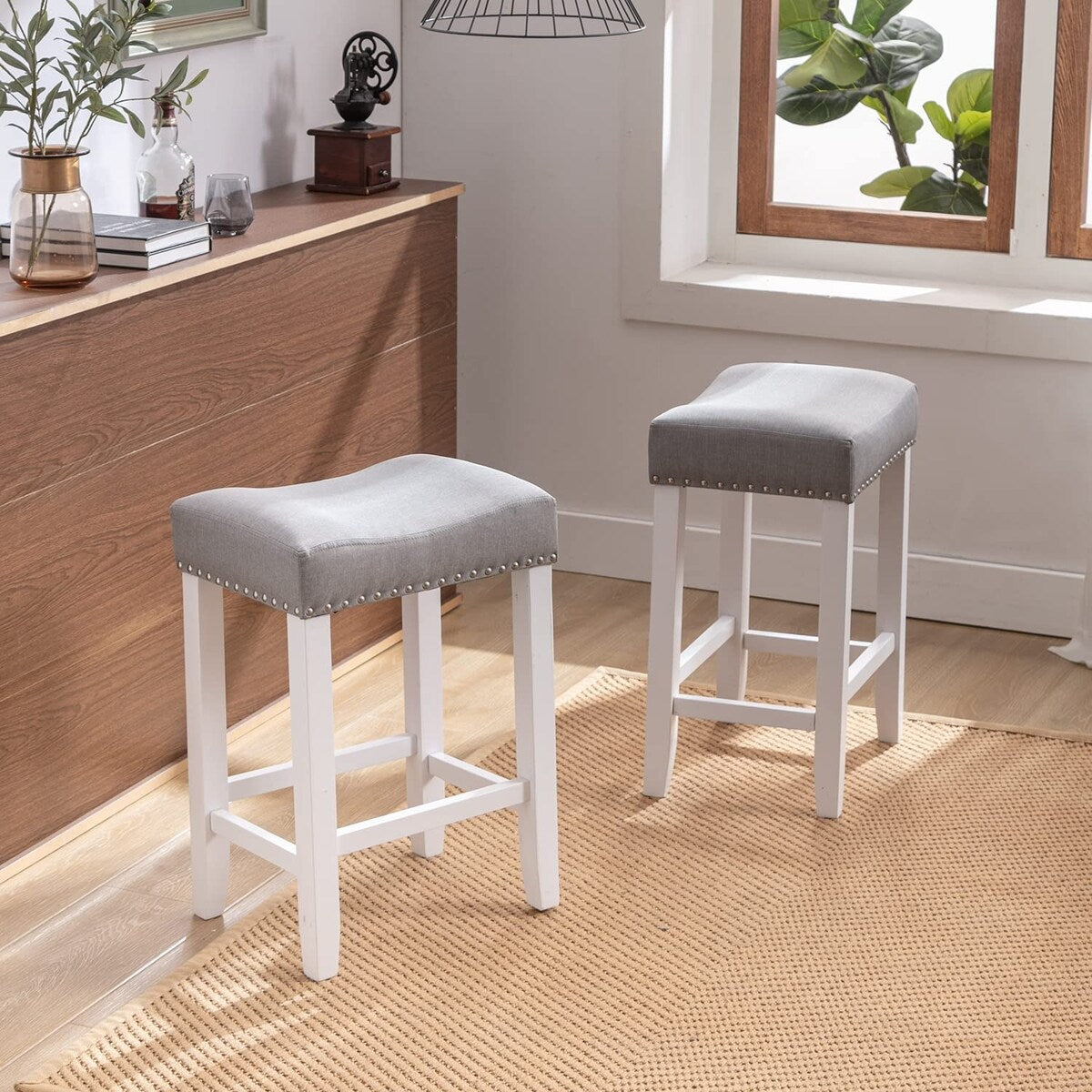 Bar Stools Set of 2, 24" Counter Stool Backless Square Saddle Island Stool Farmhouse Barstools for Kitchen Counter Dining Room