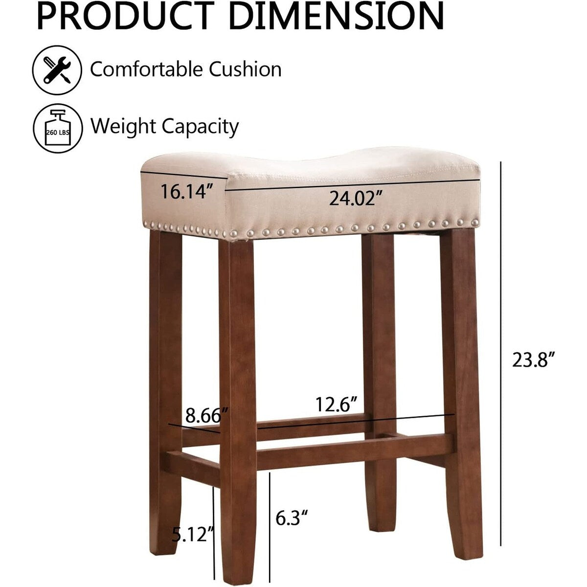 Bar Stools Set of 2, 24" Counter Stool Backless Square Saddle Island Stool Farmhouse Barstools for Kitchen Counter Dining Room