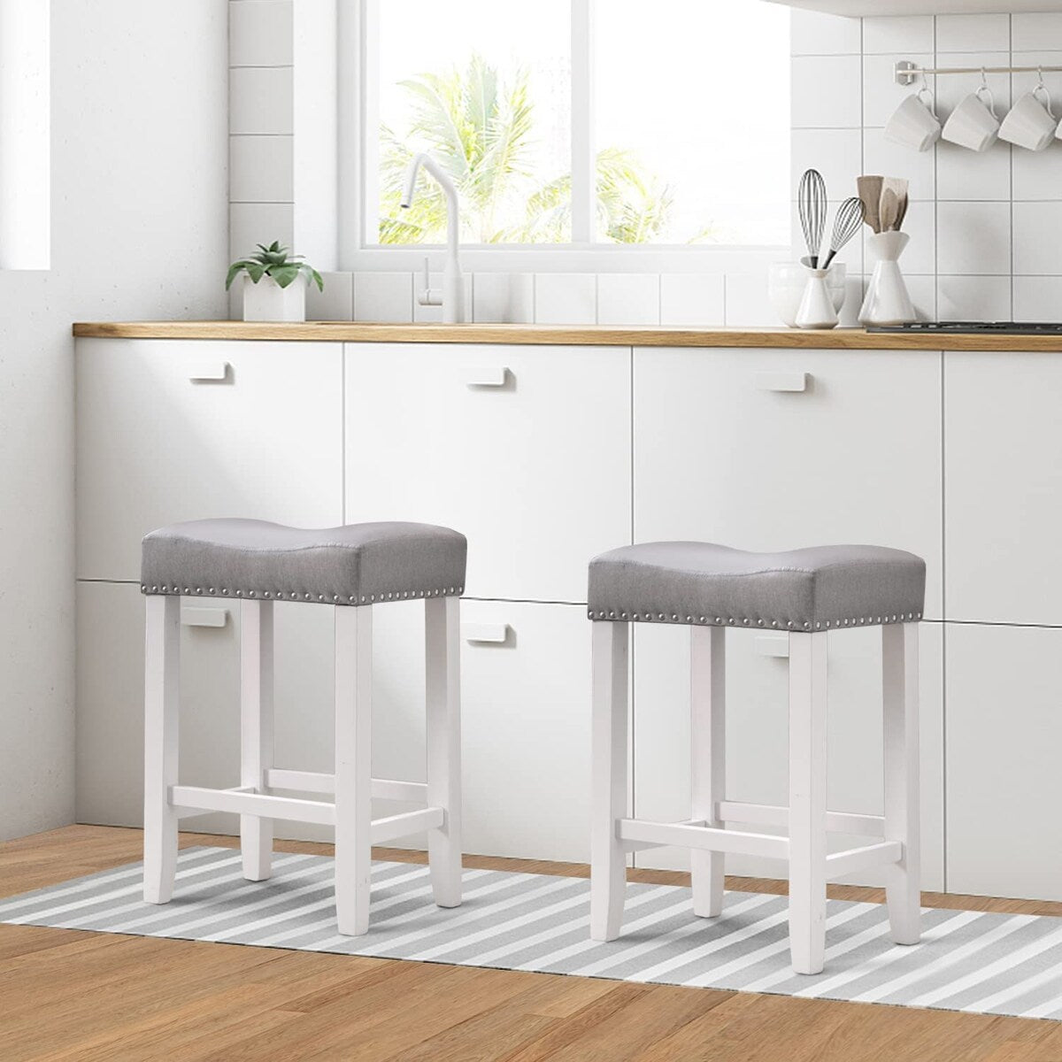 Bar Stools Set of 2, 24" Counter Stool Backless Square Saddle Island Stool Farmhouse Barstools for Kitchen Counter Dining Room