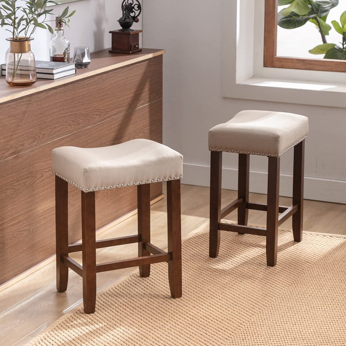 Bar Stools Set of 2, 24" Counter Stool Backless Square Saddle Island Stool Farmhouse Barstools for Kitchen Counter Dining Room