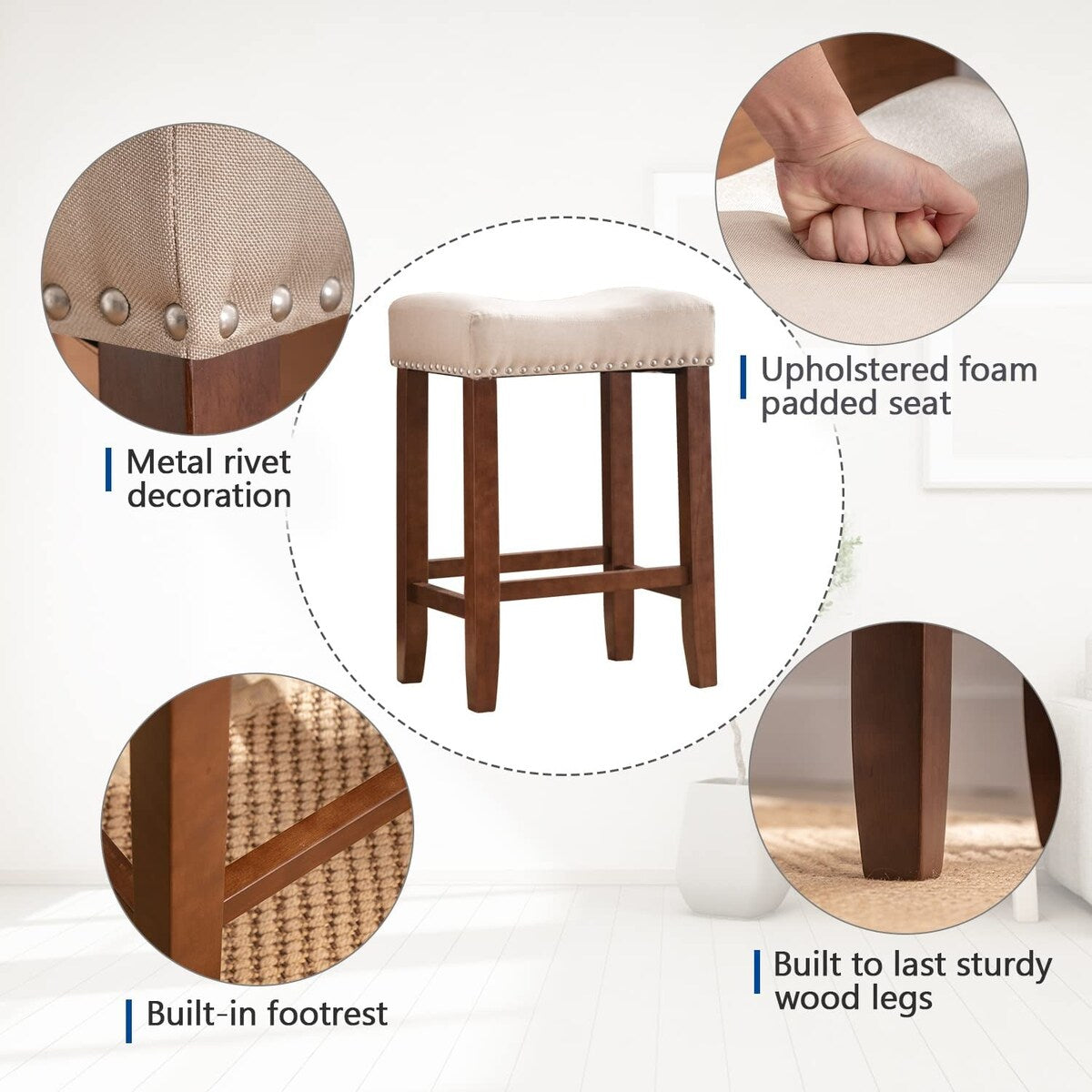 Bar Stools Set of 2, 24" Counter Stool Backless Square Saddle Island Stool Farmhouse Barstools for Kitchen Counter Dining Room