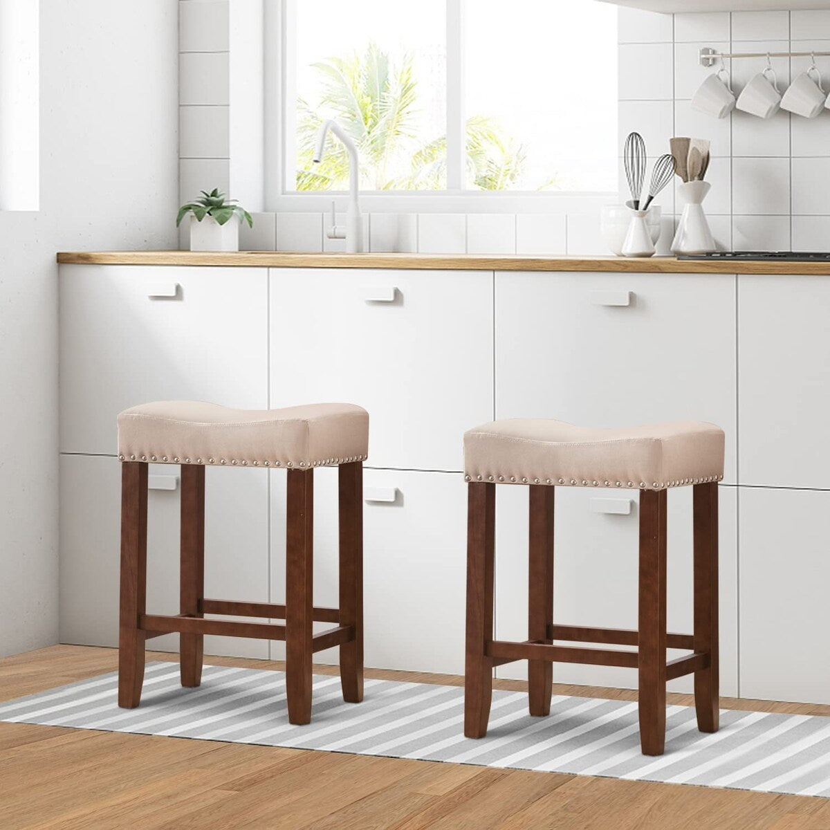 Bar Stools Set of 2, 24" Counter Stool Backless Square Saddle Island Stool Farmhouse Barstools for Kitchen Counter Dining Room