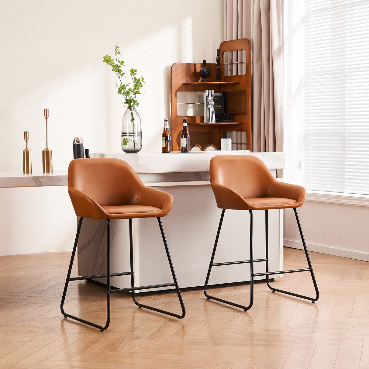 FERPIT Bar Stools Set of 2, Modern Counter Height Bar Stools with Back, PU Faux Leather Bar Stools with Metal Legs and Footrest