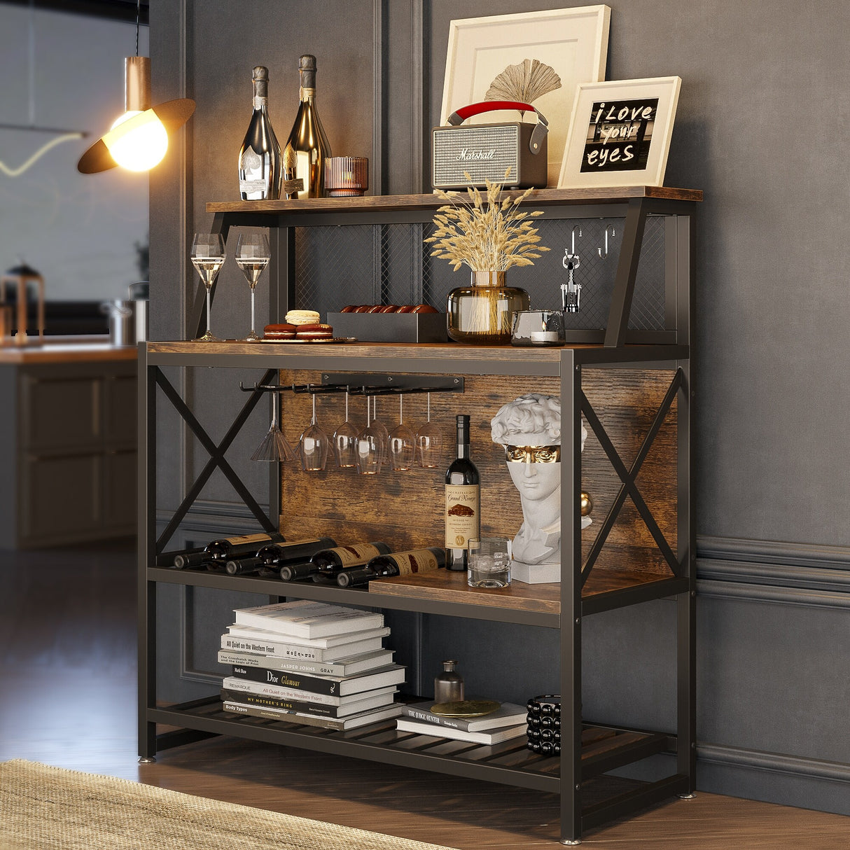 Industrial Bar Table -Wine Rack with Storage Shelves