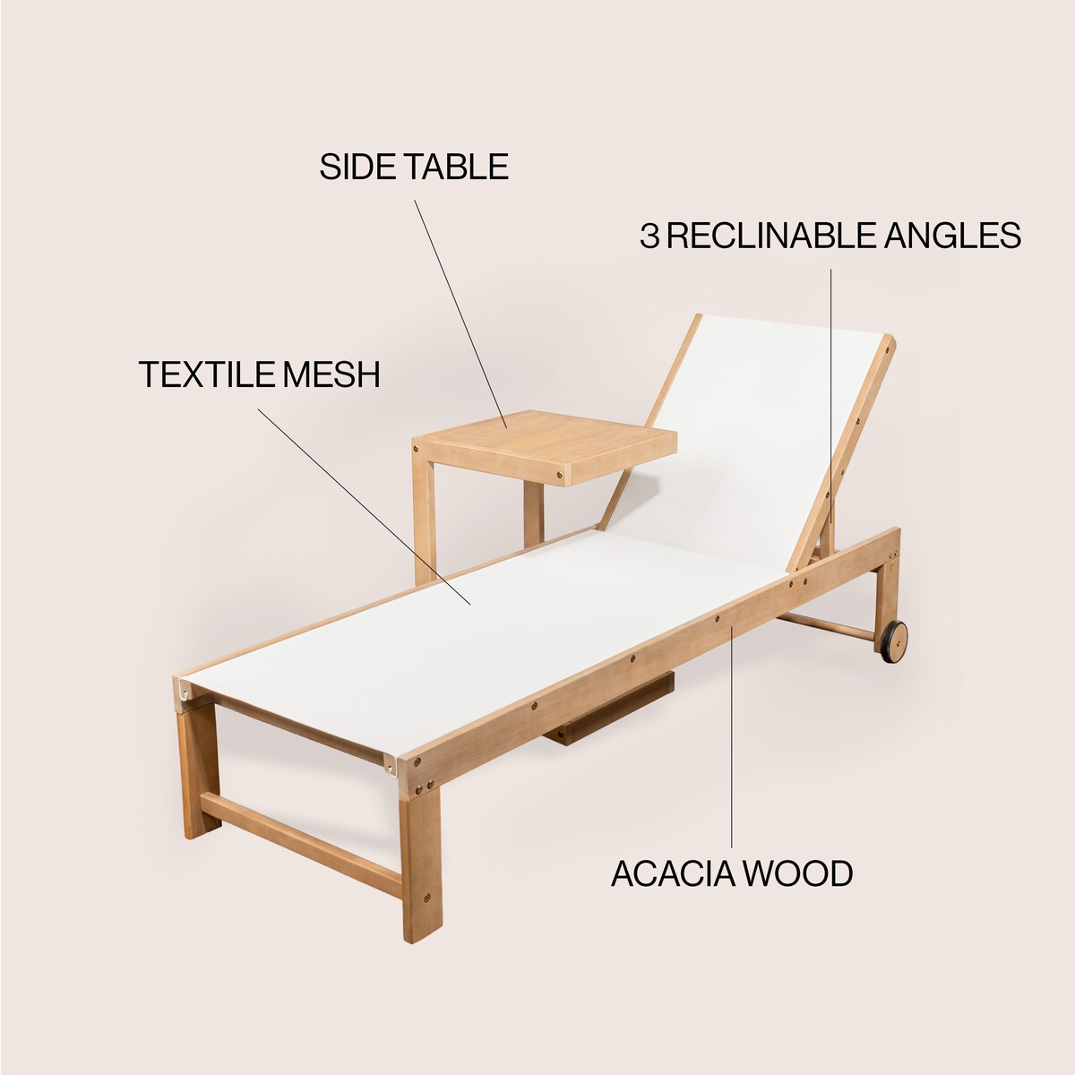 Barclay Coastal Modern Acacia Wood Mesh 3-Position Outdoor Chaise Lounge Set with Side Table, by JONATHAN Y