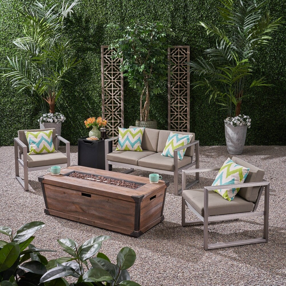Barden Outdoor 3 Piece Aluminum Chat Set with Fire Pit by Christopher Knight Home