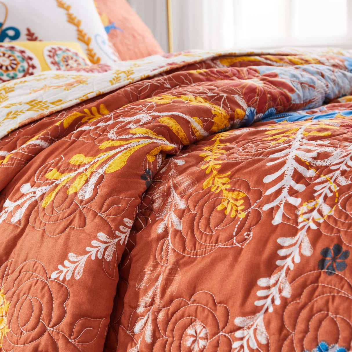 Barefoot Bungalow Topanga Orange Bohemian Floral Quilted Bedspread Set