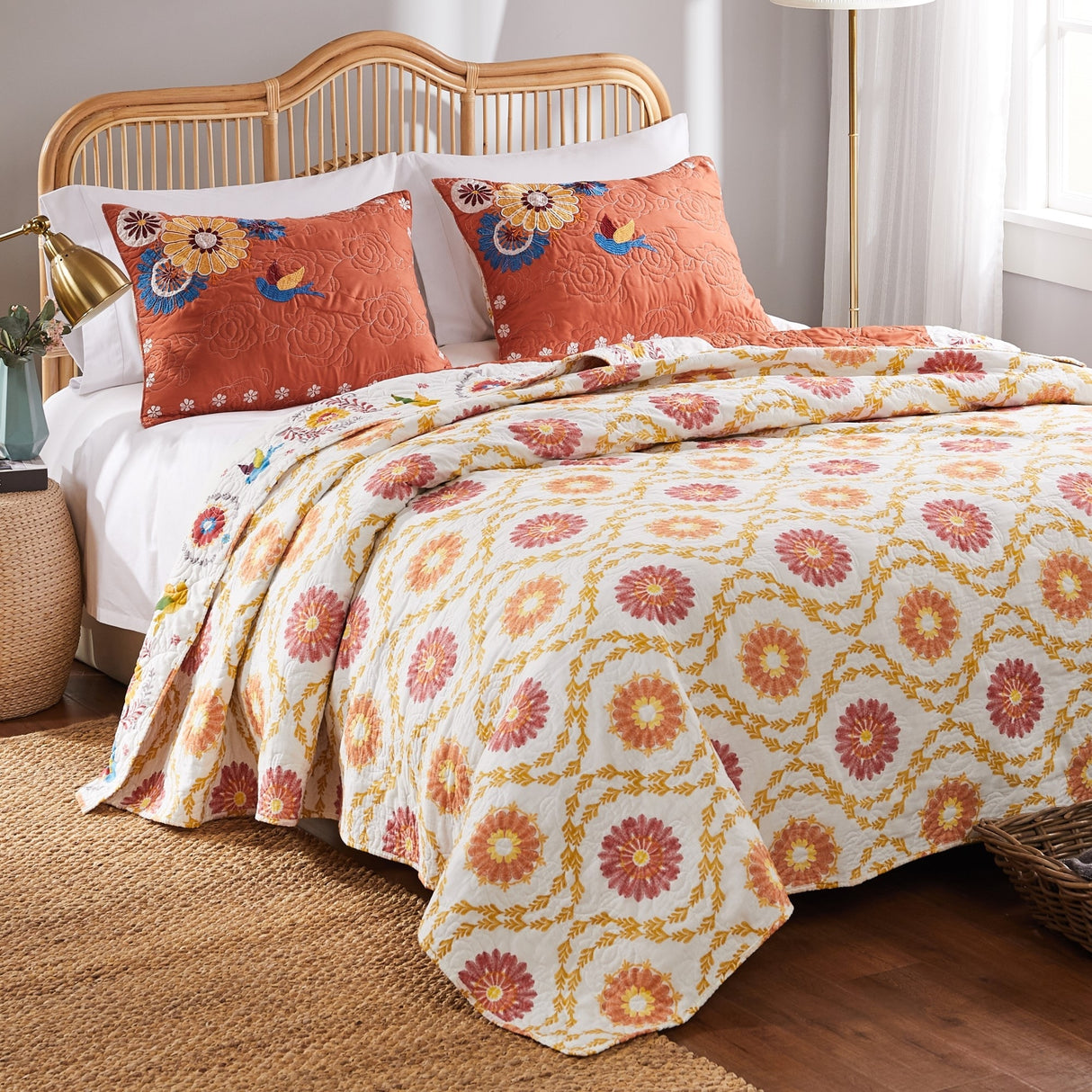 Barefoot Bungalow Topanga Orange Bohemian Floral Quilted Bedspread Set