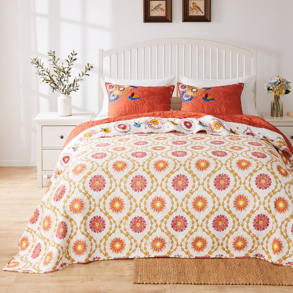 Barefoot Bungalow Topanga Orange Bohemian Floral Quilted Bedspread Set