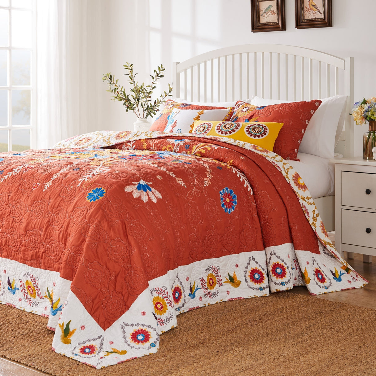 Barefoot Bungalow Topanga Orange Bohemian Floral Quilted Bedspread Set