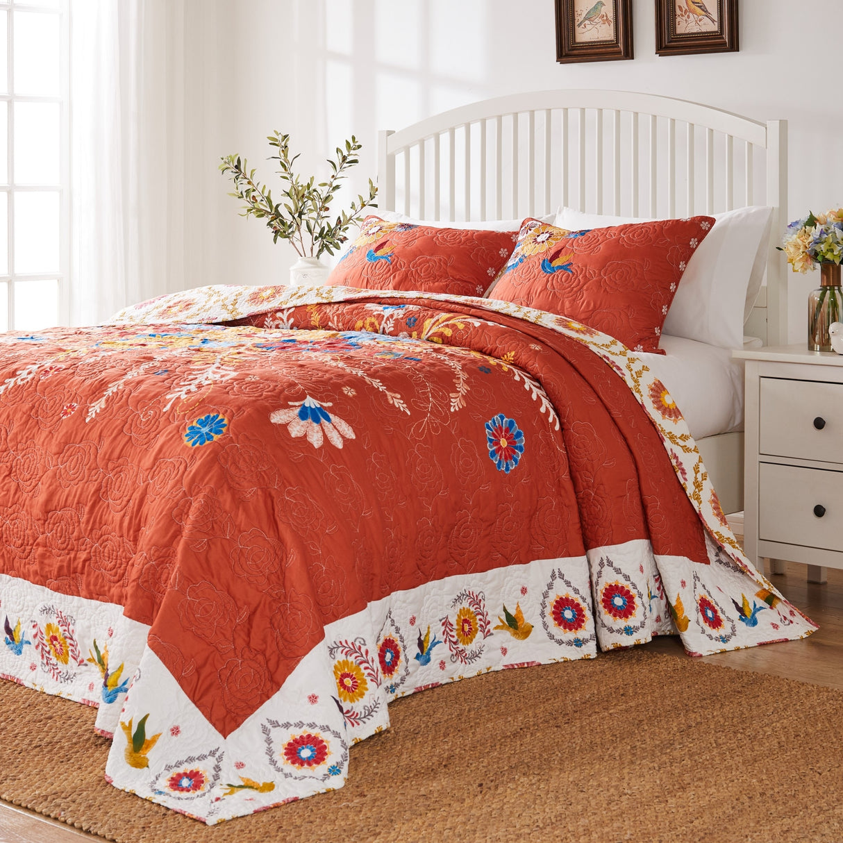 Barefoot Bungalow Topanga Orange Bohemian Floral Quilted Bedspread Set