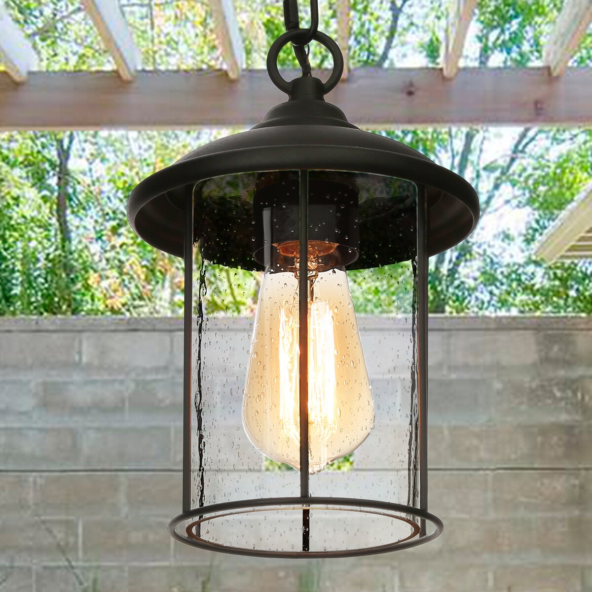 Modern Farmhouse Outdoor Patio Pendants Black Seeded Glass Shade Ceiling Light - Textured Black - D 6.5"x H 10.5"