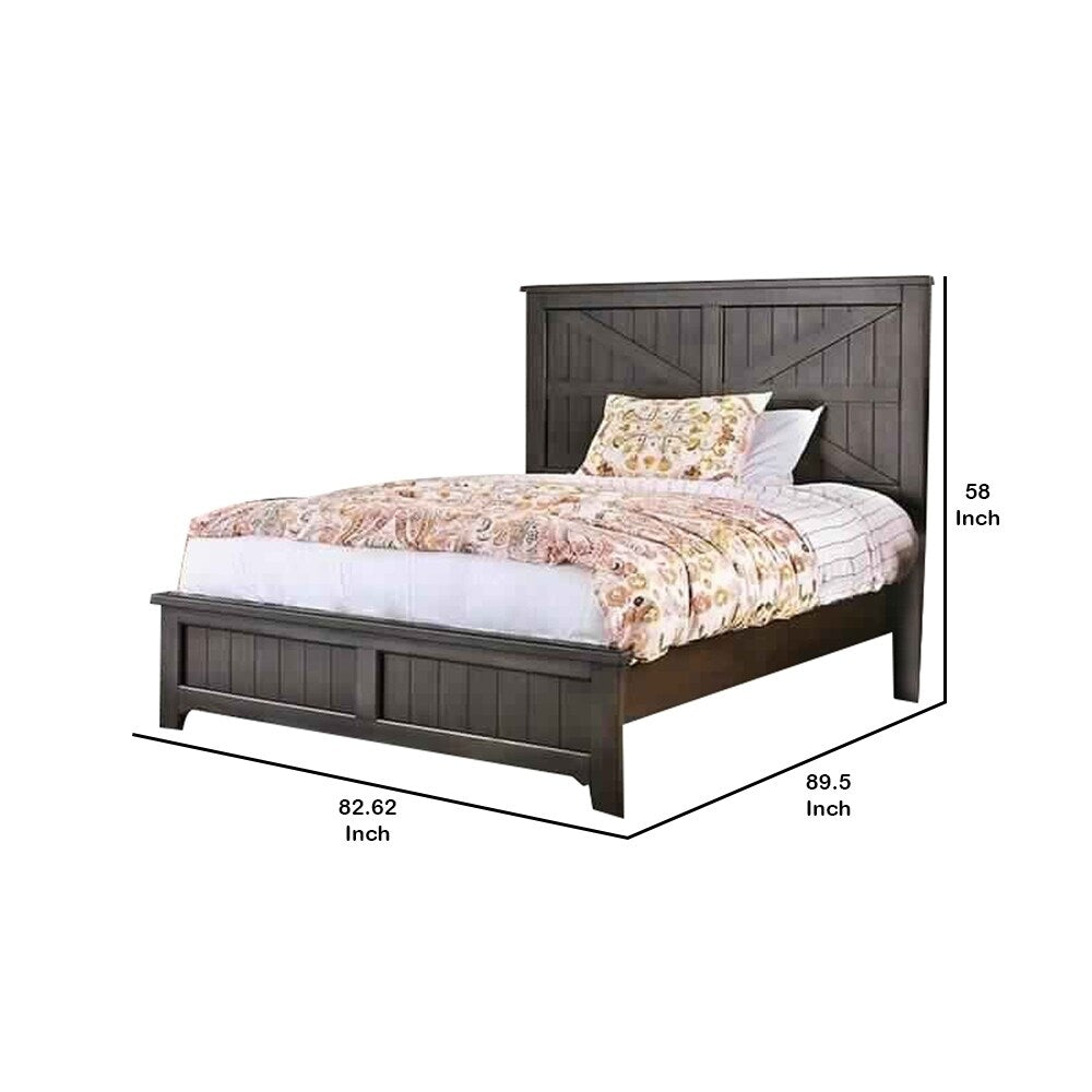 Barn Style California King Size Bed with Plank Panel Headboard, Brown