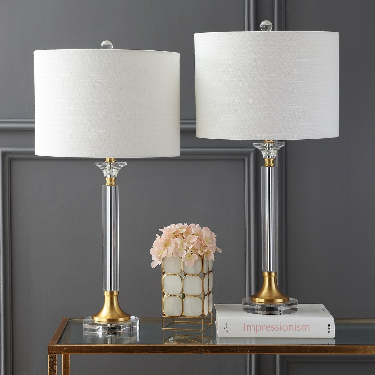 Barnard 28" Crystal/Metal LED Table Lamp, Clear/Brass Gold (Set of 2) by JONATHAN Y