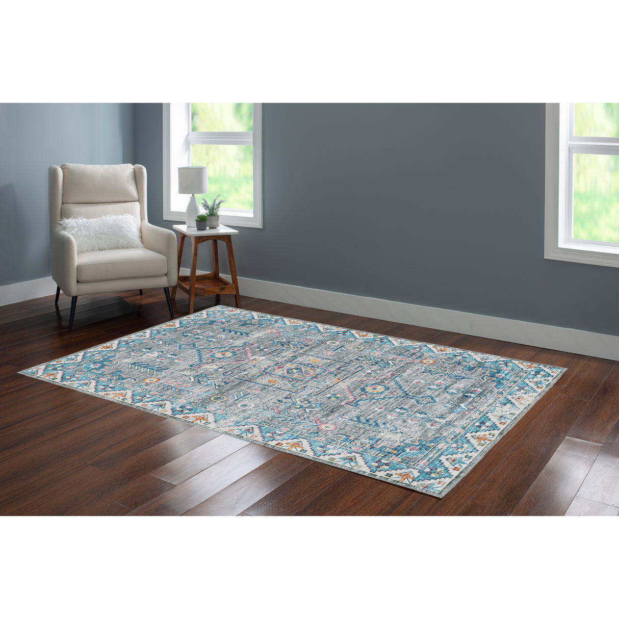 Barron Machine Washable Grey and Green Area Rug