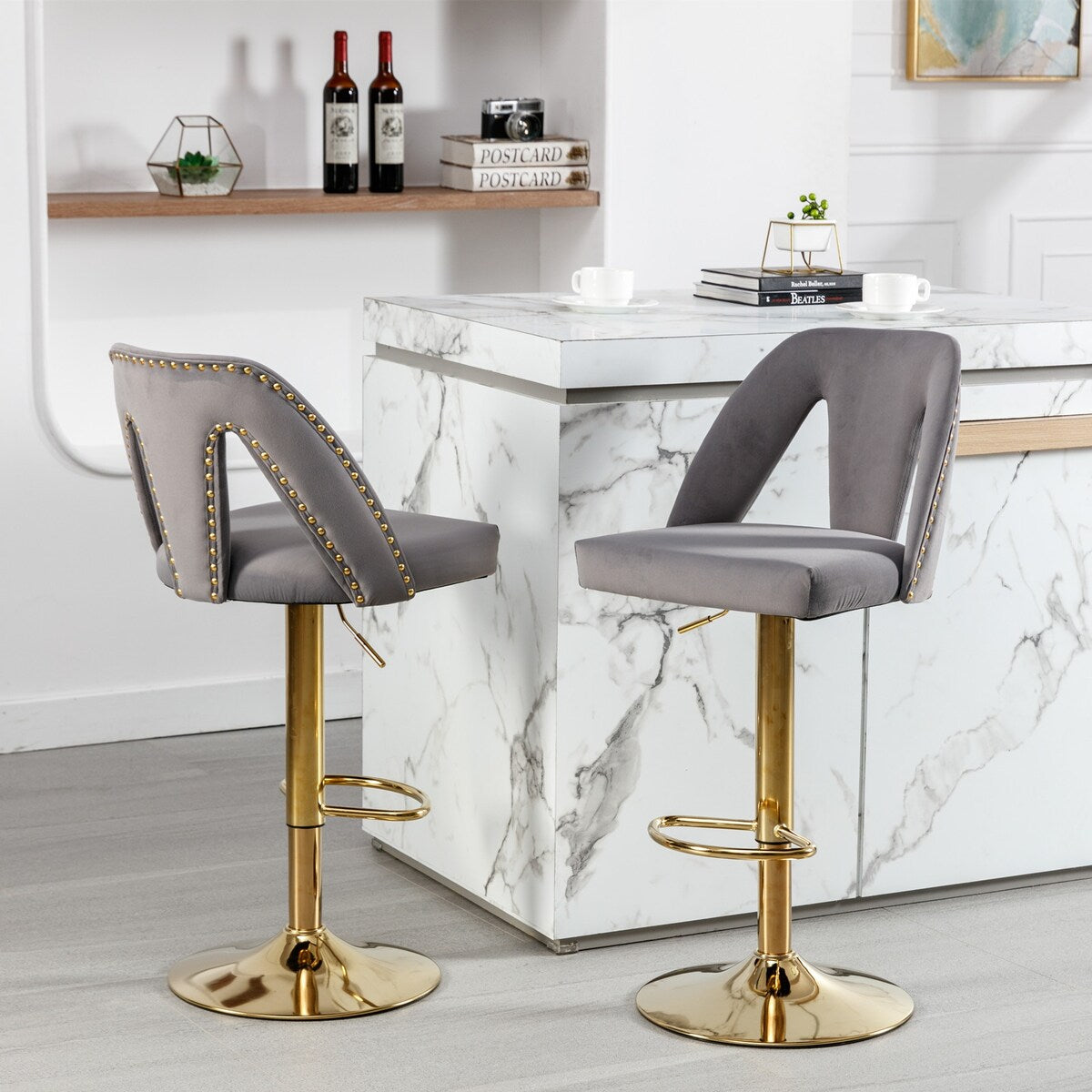 Barstools Adjusatble Seat Height, Modern Bar Stool with Nailheads for Home Pub and Kitchen Island,Set of 2
