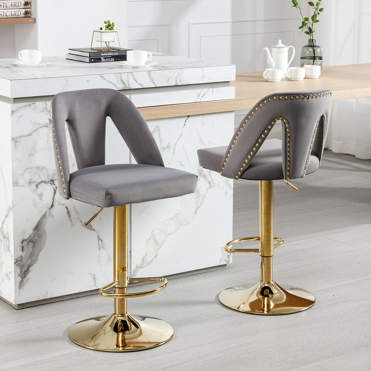 Barstools Adjusatble Seat Height, Modern Bar Stool with Nailheads for Home Pub and Kitchen Island,Set of 2