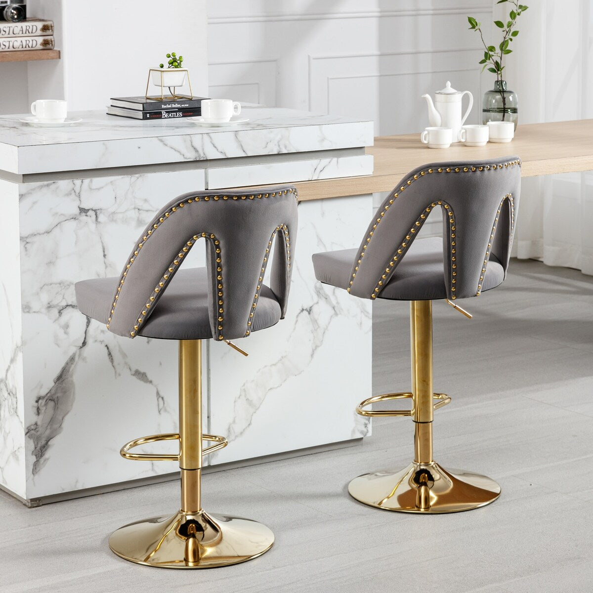 Barstools Adjusatble Seat Height, Modern Bar Stool with Nailheads for Home Pub and Kitchen Island,Set of 2