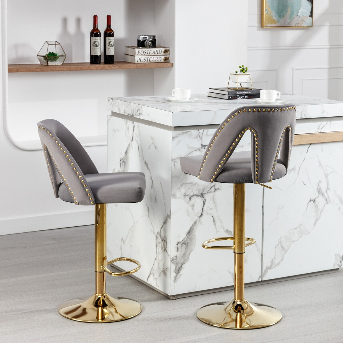 Barstools Adjusatble Seat Height, Modern Bar Stool with Nailheads for Home Pub and Kitchen Island,Set of 2