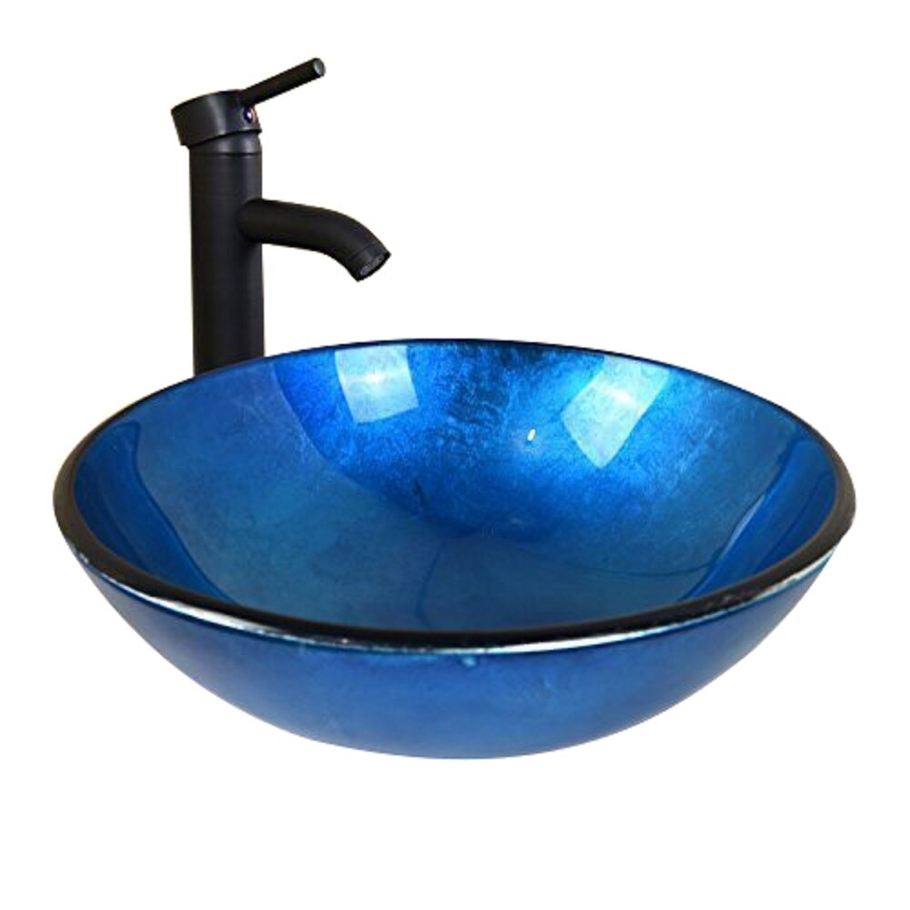 Bathroom Blue Artistic Glass Sink Oil Rubbed Bronze Faucet Drain Combo