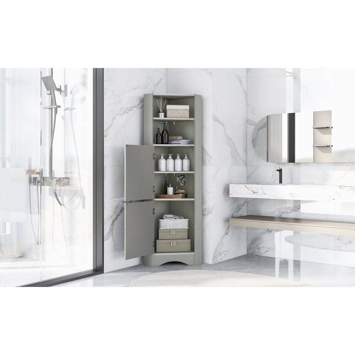 Bathroom Corner Cabinet with Doors and Adjustable Shelves