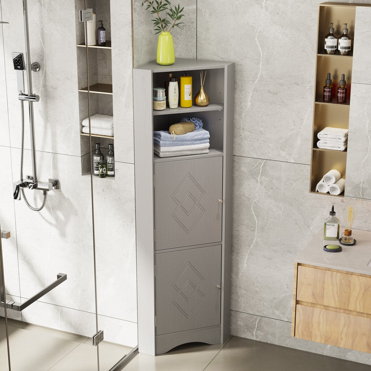 Bathroom Corner Cabinet with Doors and Adjustable Shelves
