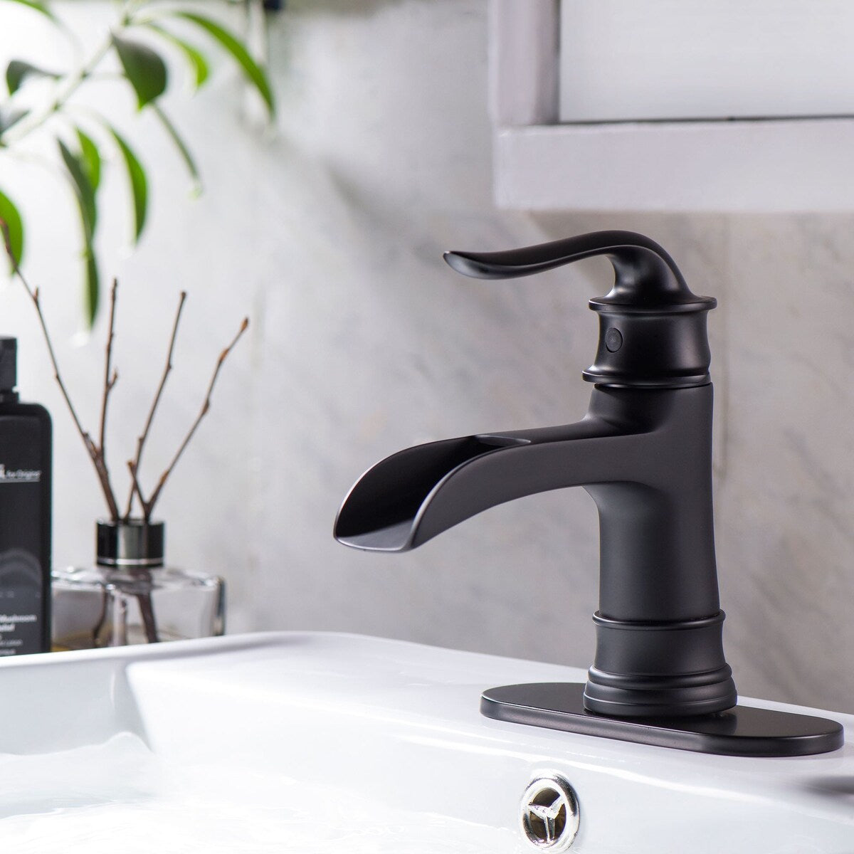 Bathroom Faucet Waterfall Single Handle Vessel Sink Faucet Deck Mount Black Vanity Faucets