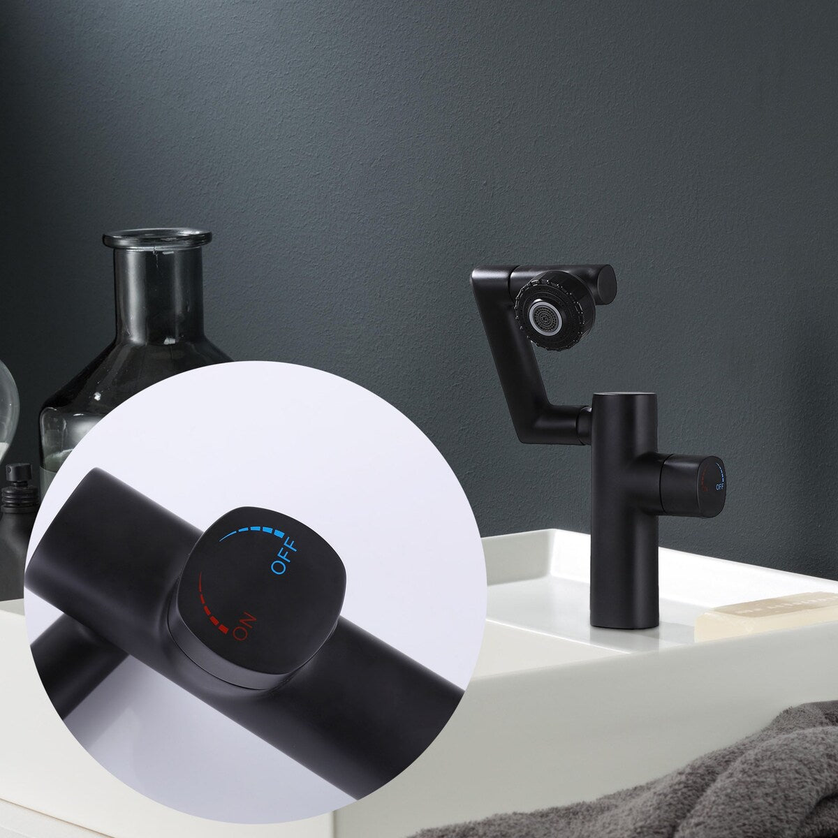 360-degree Swivel 4-way Bathroom Sink Faucet Single Hole with Handle in Matte Black
