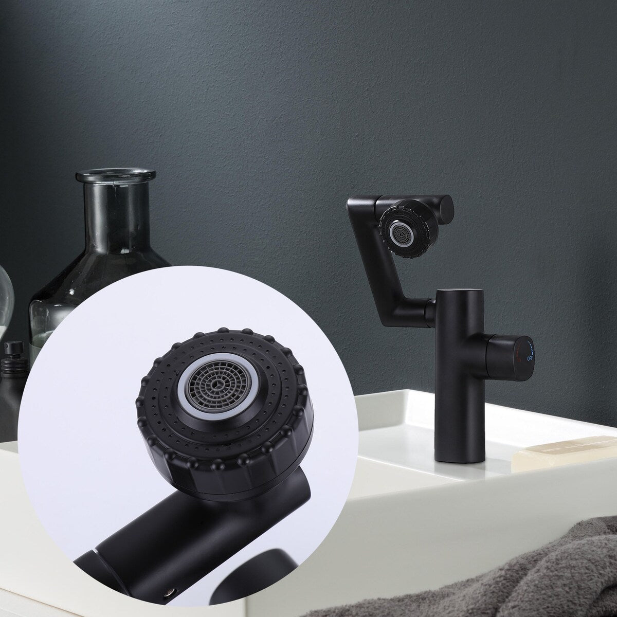 360-degree Swivel 4-way Bathroom Sink Faucet Single Hole with Handle in Matte Black