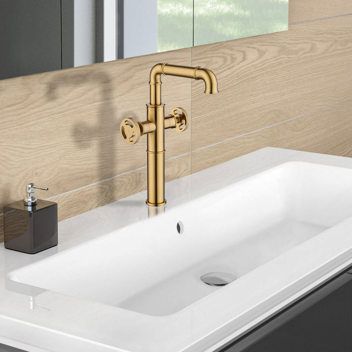 Industrial Single Hole 360 Degree Swivel Bathroom Sink Faucet with 2 Handle in Black/Gold